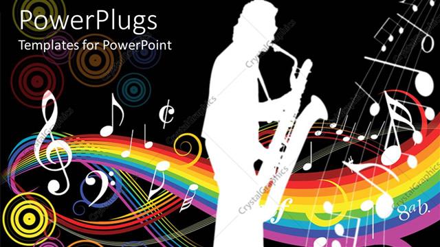  Presentation with music - White human depiction with a saxophone on a colorful musical background