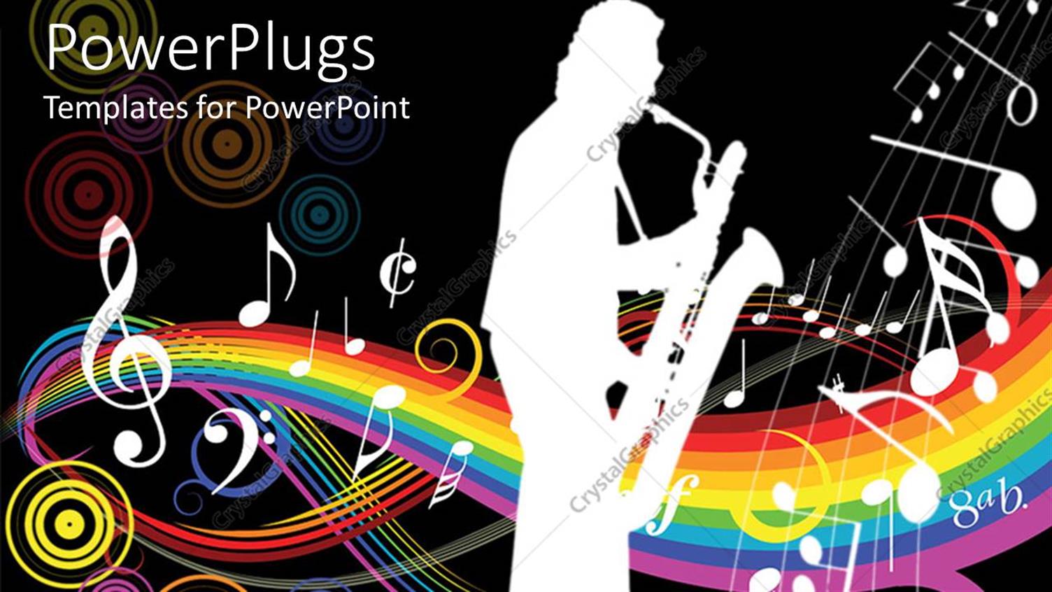 Featuring White Human Depiction with a Saxophone on a Colorful Musical Background