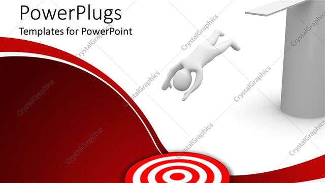  Presentation with target - White human diving off platform at target, red wave background