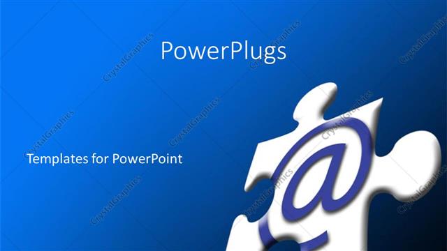  Presentation with internet communication - White jigsaw puzzle piece with blue @ symbol on blue background