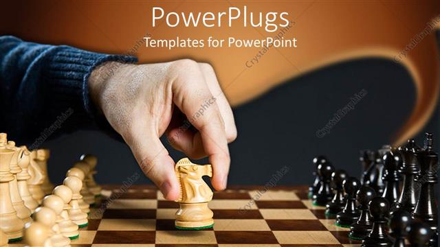  Presentation with knight - White knight piece moved on wooden chess board