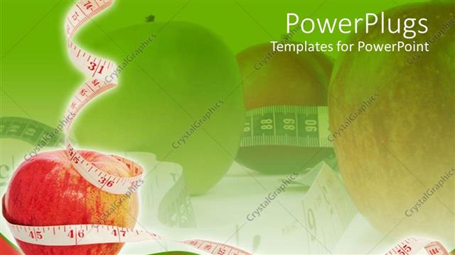  Presentation with measuring - White measuring tape around red apple in red-green background