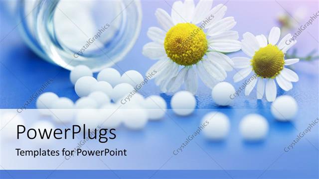  Presentation with bottle - White medications from transparent bottle with Chamomile flower on blue surface