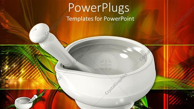  Presentation with mortar - White mortar and pestle, green, red, yellow background