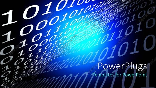  Presentation with binary blue - White ones and zeroes on black background with blue light in center