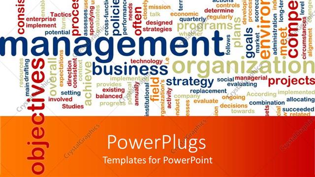  Presentation with management - White and orange background with strategic and management terms written
