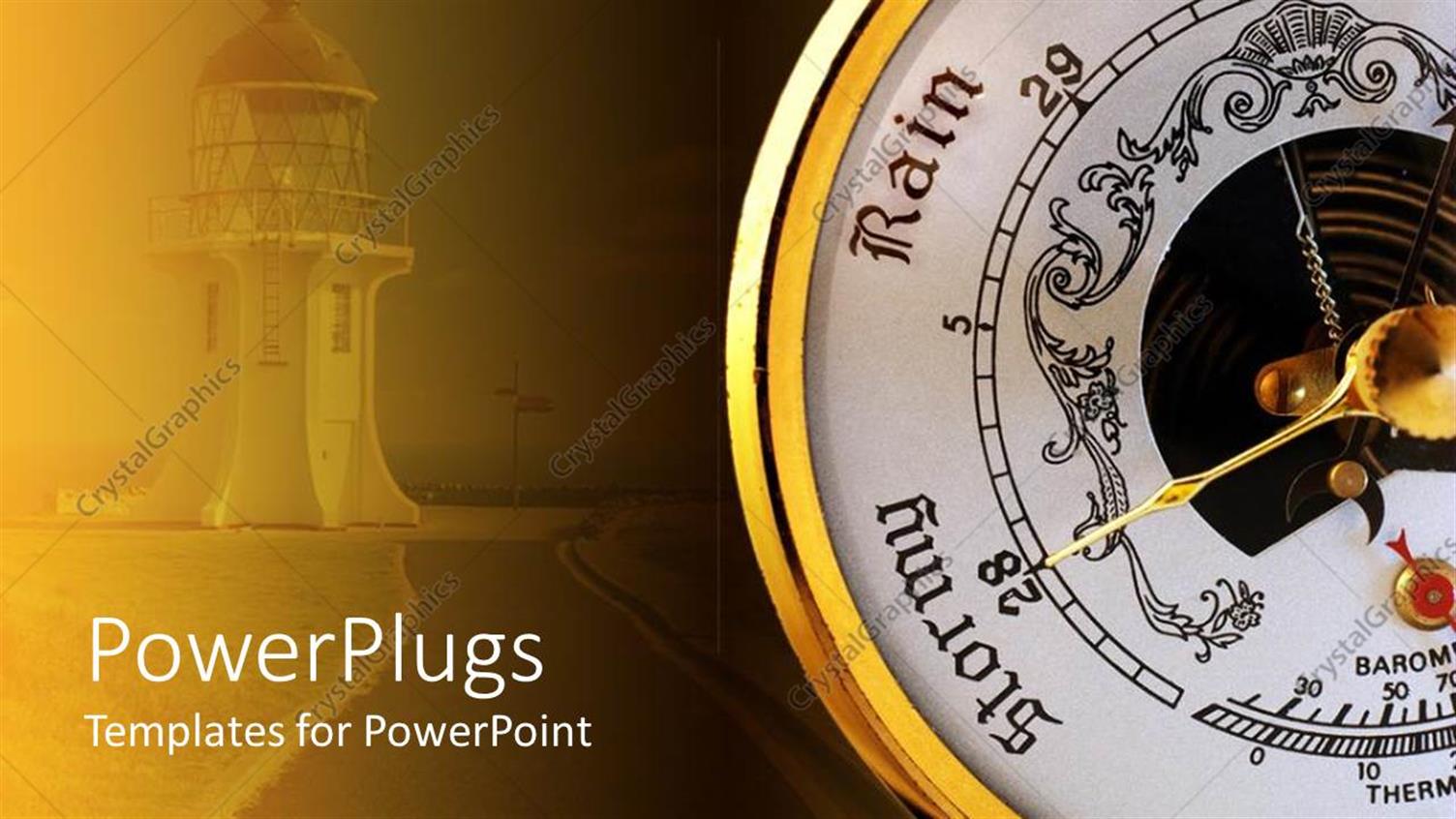 Featuring White and Orange Barometer with Golden Dial Poniting at Stormy