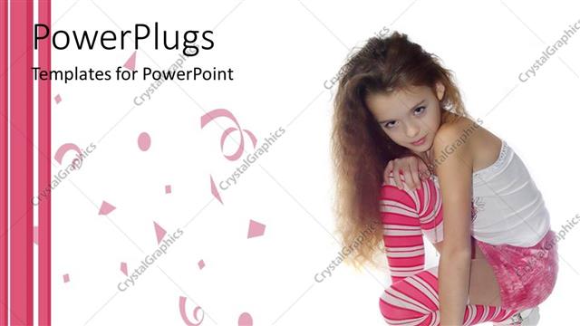  Presentation with socks - White and pink background with a little girl with white top pink skirt 3/4 white and pink striped socks and white shoes