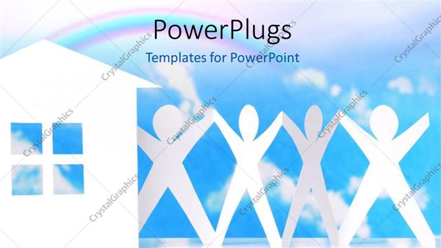  Presentation with residential - White residential house with paper men holding hands against blue cloudy sky