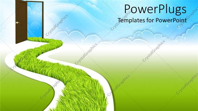  Presentation with going green - White road with fresh green grass going to open door that leads to clear blue sky