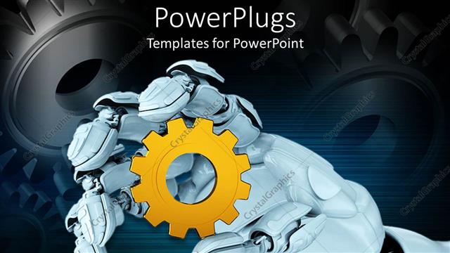  Presentation with gear - White robot hand holding yellow spur gear