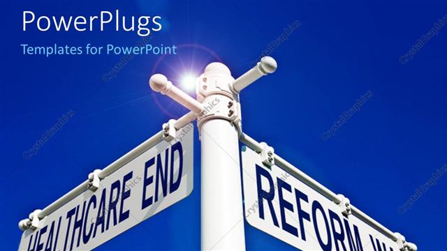  Presentation with healthcare reform - White street sign marking intersection of Healthcare End and Reform Way