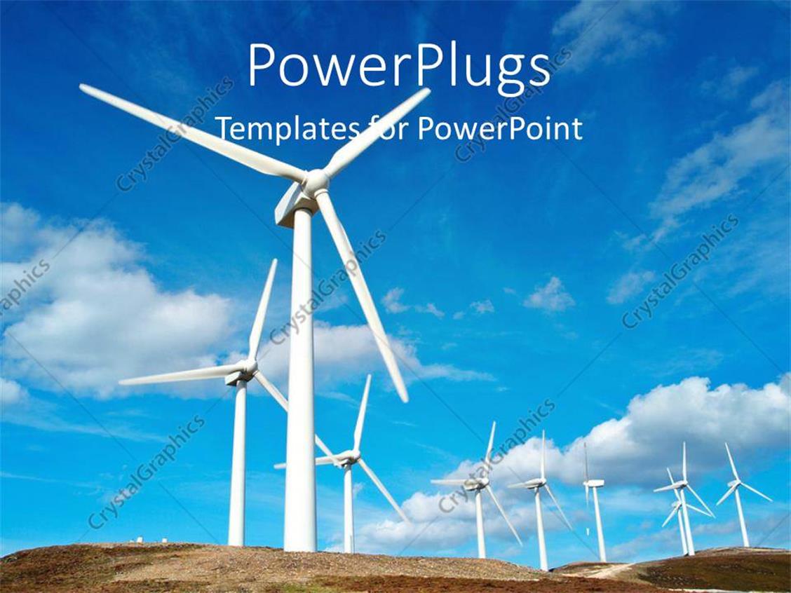 PowerPoint Template White wind turbines in field with blue cloudy sky