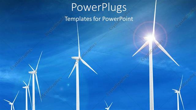  Presentation with wind energy - White wind turbines in huge green field under blue sky