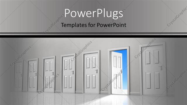  Presentation with reveal - Wide, empty corridor with row of six closed doors with one door open to reveal clear blue sky