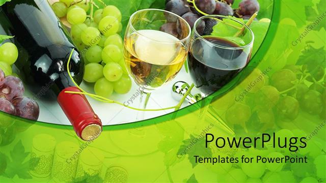  Presentation with bottle red wine - Wine bottle, glass of white wine and glass of red wine, grapes and grape leaves, vines of grapes on white and green background