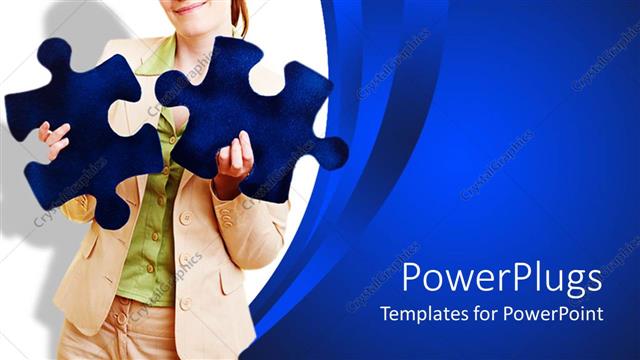  Presentation with blue puzzle pieces - Woman in beige suit holds blue jigsaw puzzle pieces