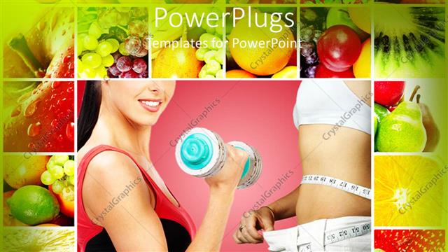  Presentation with fitness - Woman carrying dumb bell works on fitness and fresh fruits for diet