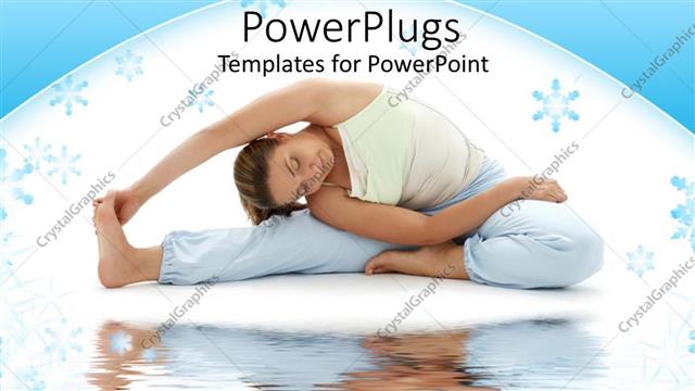 Presentation with woman body - Woman doing seated yoga pose next to water body in white background
