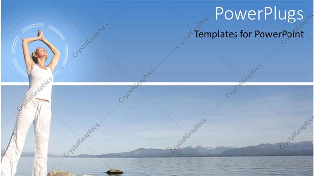  Presentation with rocks - Woman doing yoga on rocks by the water with mountains in background