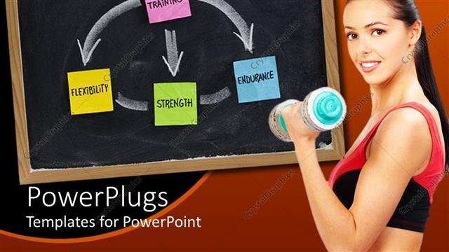  Presentation with training - Woman with dumbbell performing fitness training and black chalkboard with colorful sticky notes connected through arrows fitness training flexibility strength endurance