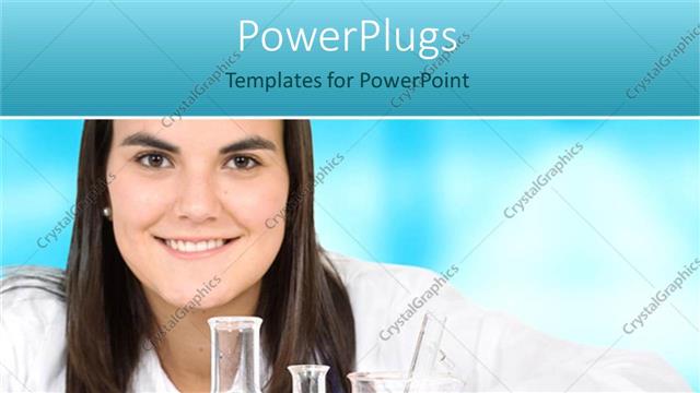  Presentation with science - Woman with flask, beaker, lab glassware, chemistry, research, women in science