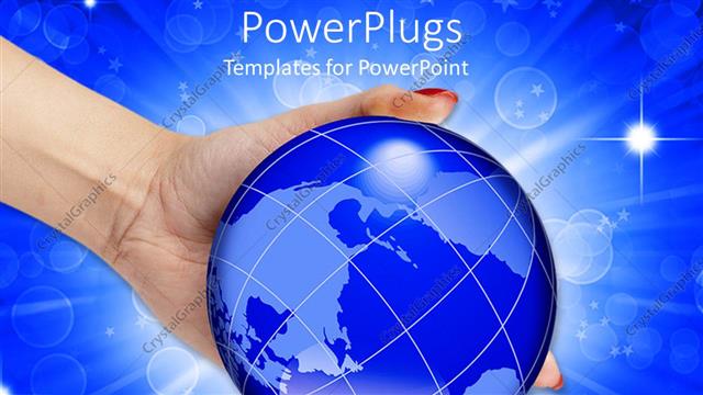  Presentation with stars - Woman hand holding abstract glowing globe on blue background with stars and bubbles
