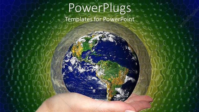  Presentation with green planet - Woman hand holding planet earth surrounded by green and blue background