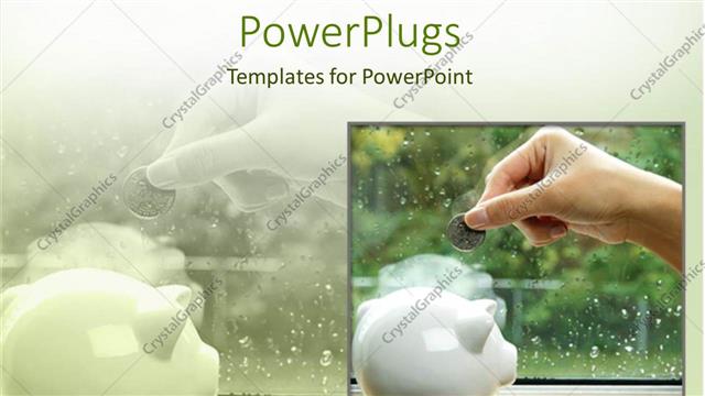  Presentation with investment - Woman hand inserting coin in piggy bank with rain drops on window