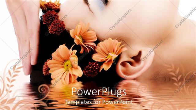  Presentation with reflecting - Woman head receiving massage, flowers in hair, reflecting in water