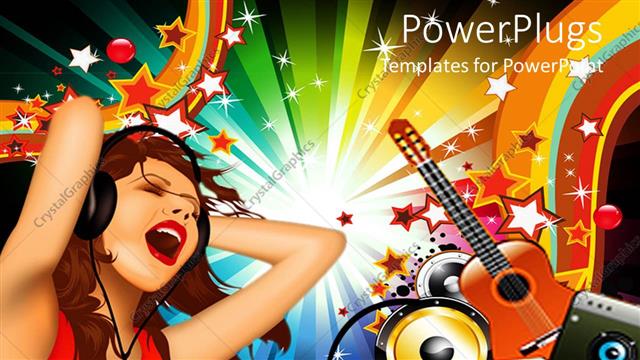  Presentation with music singing - Woman with headphones singing with guitar and speakers in background