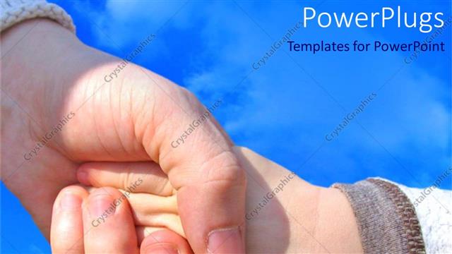  Presentation with blue handshake - Woman holding a child's hand with blue cloudy sky in background