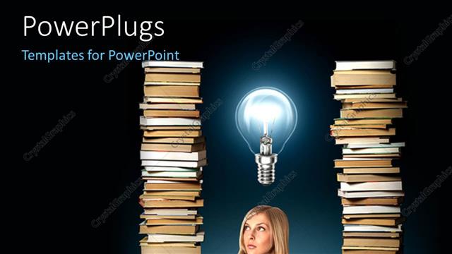  Presentation with bulb - A woman holding a lot of books with a bulb above her face