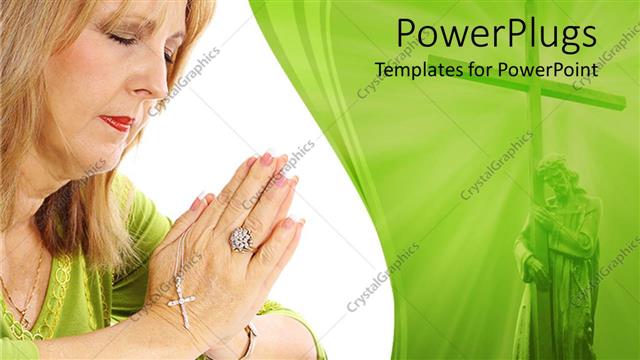  Presentation with woman praying over bible - Woman holding rosary with palms placed together praying over bible