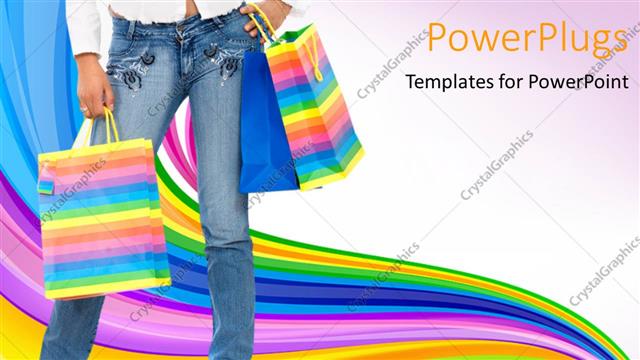  Presentation with jeans - Woman in jeans carrying three shopping bags over colorful background