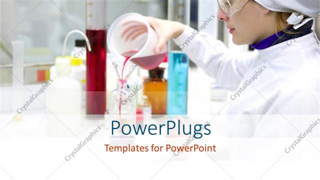  Presentation with beakers - Woman performing experiment with chemicals and beakers in chemical research laboratory