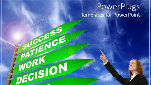  Presentation with steps - Woman pointing up to sign post showing five steps to success