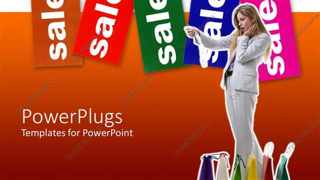  Presentation with retail - Woman shocked at receipt with shopping bags, sale tags, retail