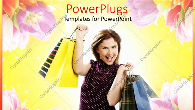  Presentation with retail - Woman with shopping bags on yellow background with flowers, retail, e commerce