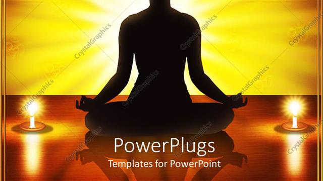  Presentation with enlightenment - Woman silhouette performing yoga meditation exercise with two lit candles and sun in back