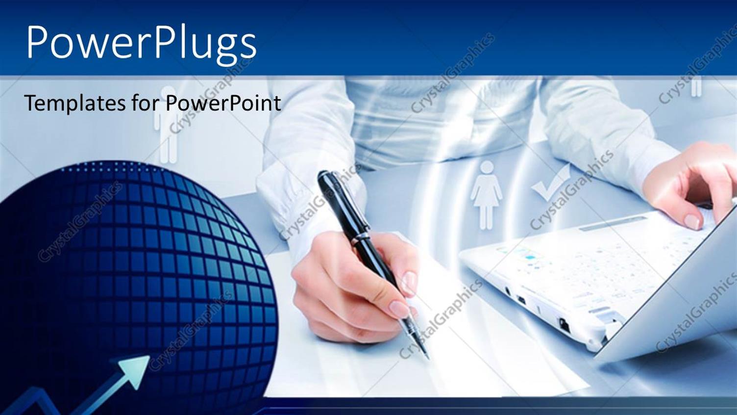 Featuring Woman Sitting at Table with Laptop and Pen in Right Hand