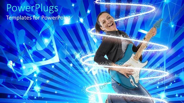  Presentation with joy - Woman smiling as she plays guitar jumps up for joy