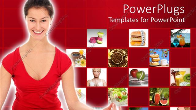  Presentation with yoga - Woman smiling as she does yoga with collage of fruits for diet