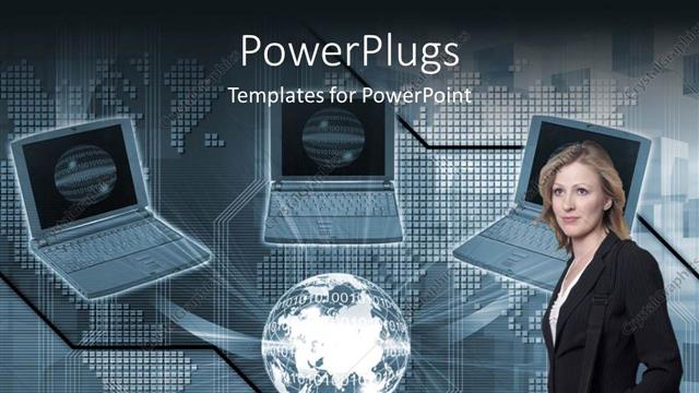  Presentation with business laptops globe - Woman standing in front of three open laptops connected to globe