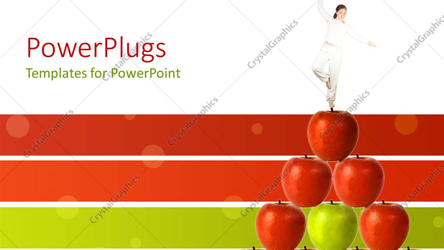 Featuring Woman in Tree Modified Yoga Tree Pose Standing Atop Pyramid of Red Apples with One Green Apple in Center