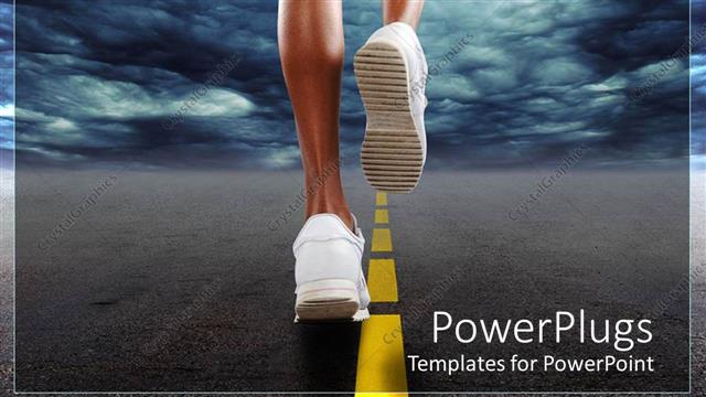  Presentation with sneakers - Woman in white sneakers running along the highway with clouds