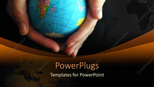  Presentation with woman world - Woman's hands holding small globe with world map background, black and brown