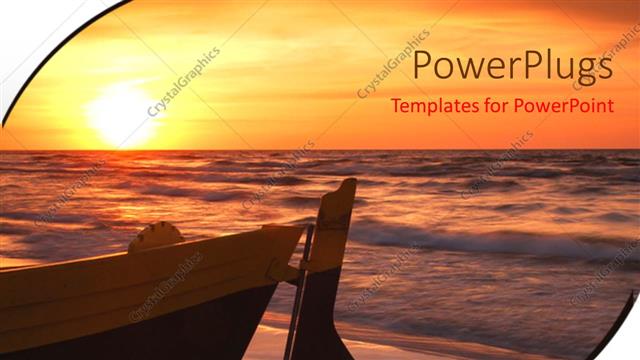  Presentation with sea shore - Wooden boat anchored at sea shore with sunset over sea