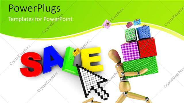  Presentation with shopping - A wooden character running with colorful boxes and a text that spells out 