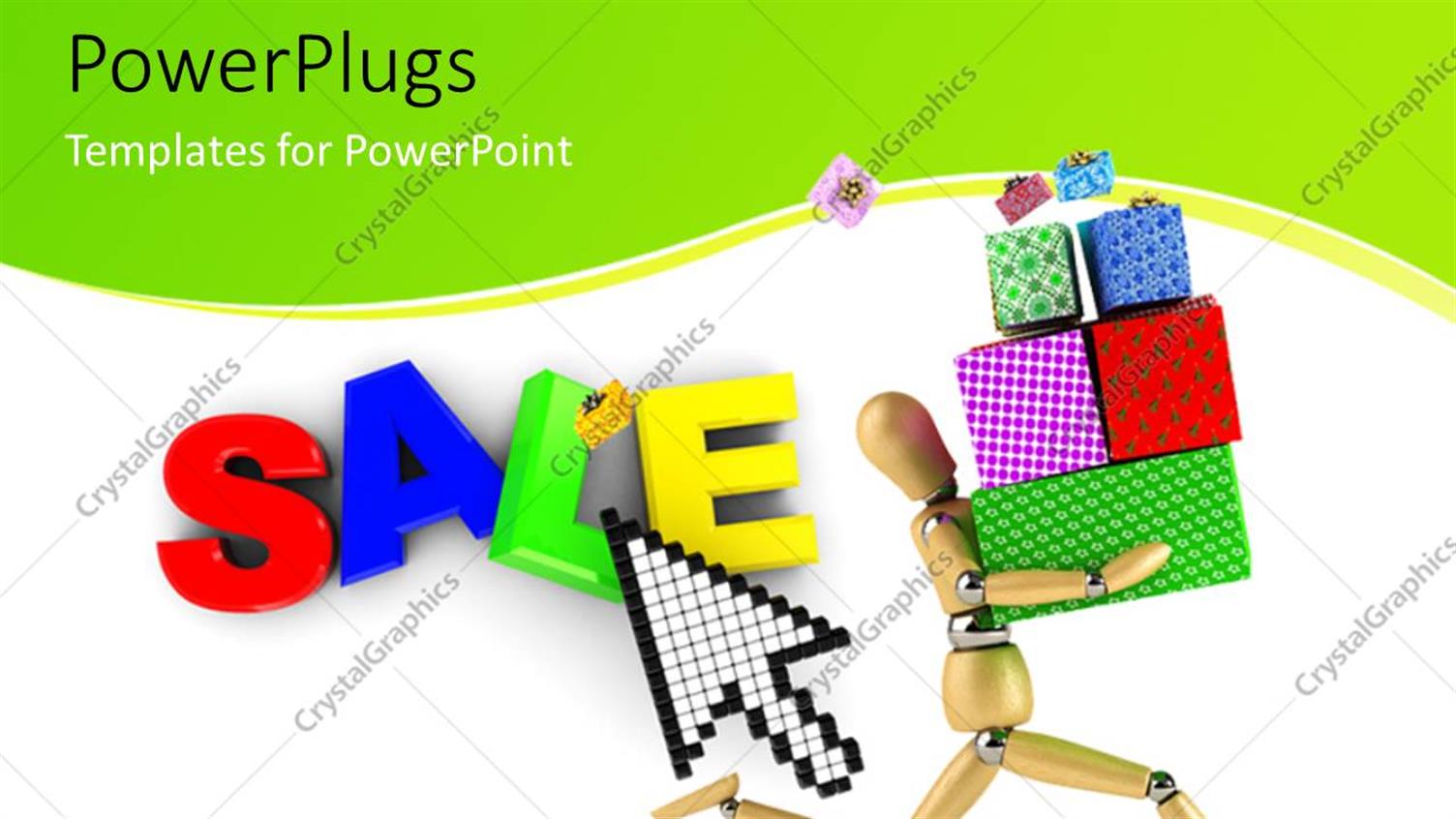 Featuring a Wooden Character Running with Colorful Boxes and a Text that Spells Out Sale